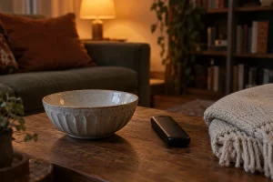 An empty ceramic bowl, face down remote and folded cream throw rest on a warm wooden coffee table.