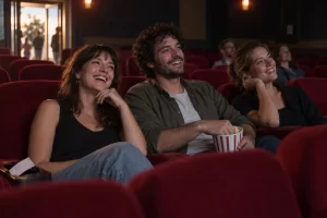 Three laughing adults sit in red cinema seats before an independent film screening.