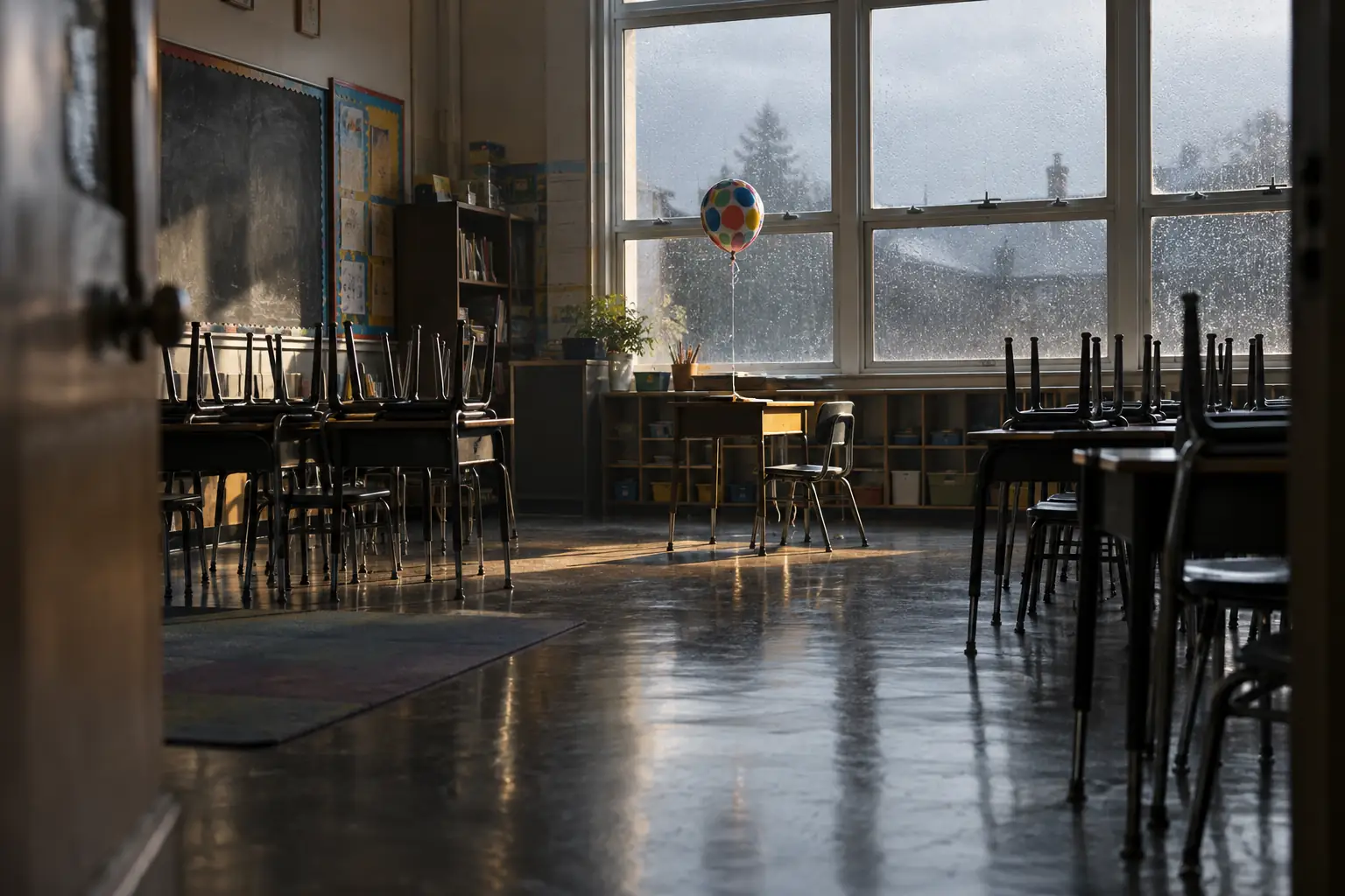 Empty classroom and balloon in fictional birthday school absence guidance 2026 editorial photograph