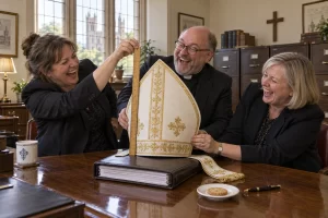 Three fictional church administrators laugh while measuring an oversized bishop mitre with a ruler above a thick appointment folder.