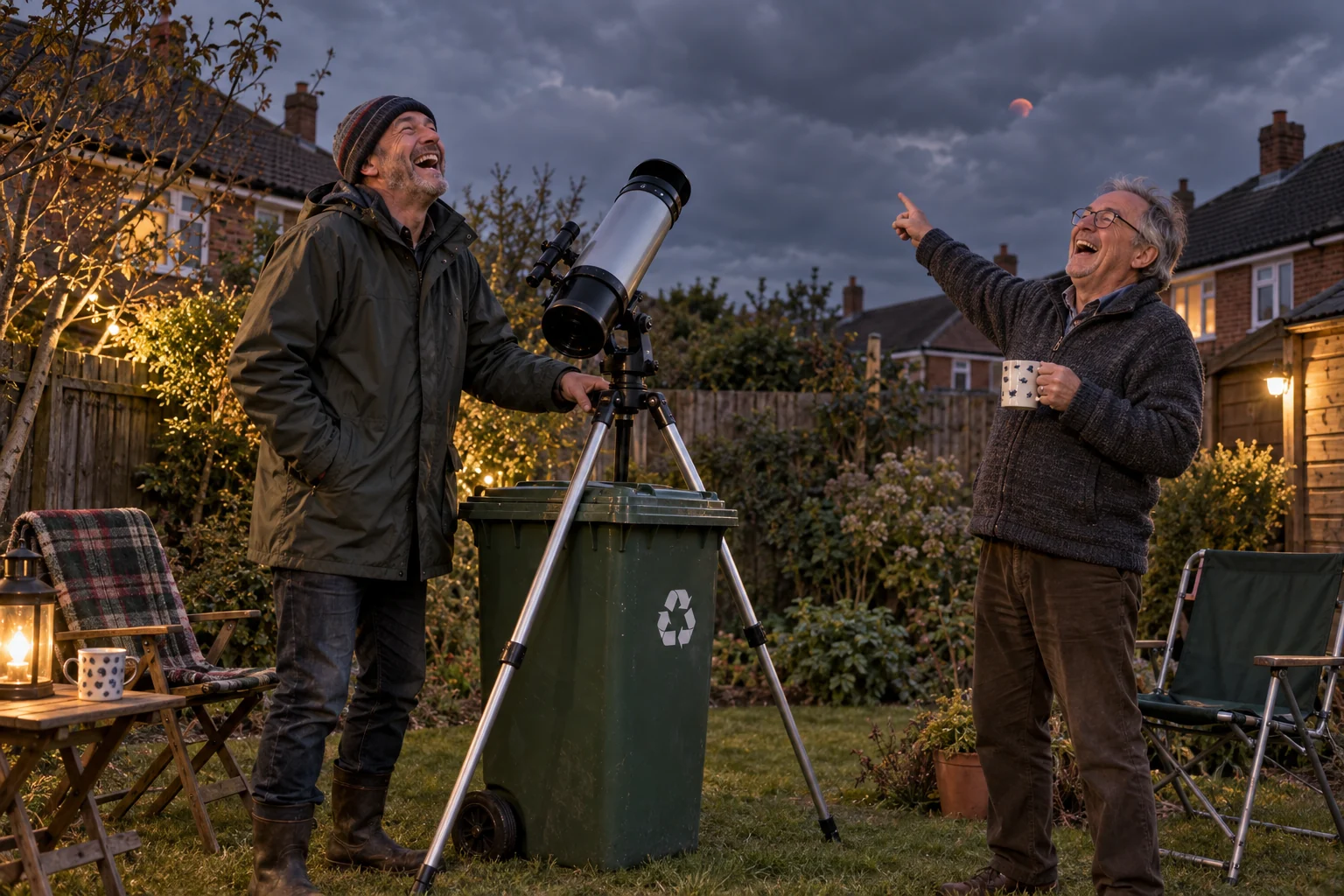 Two laughing amateur astronomers stand beside a telescope over a recycling bin as a small red Moon peeks through garden clouds.