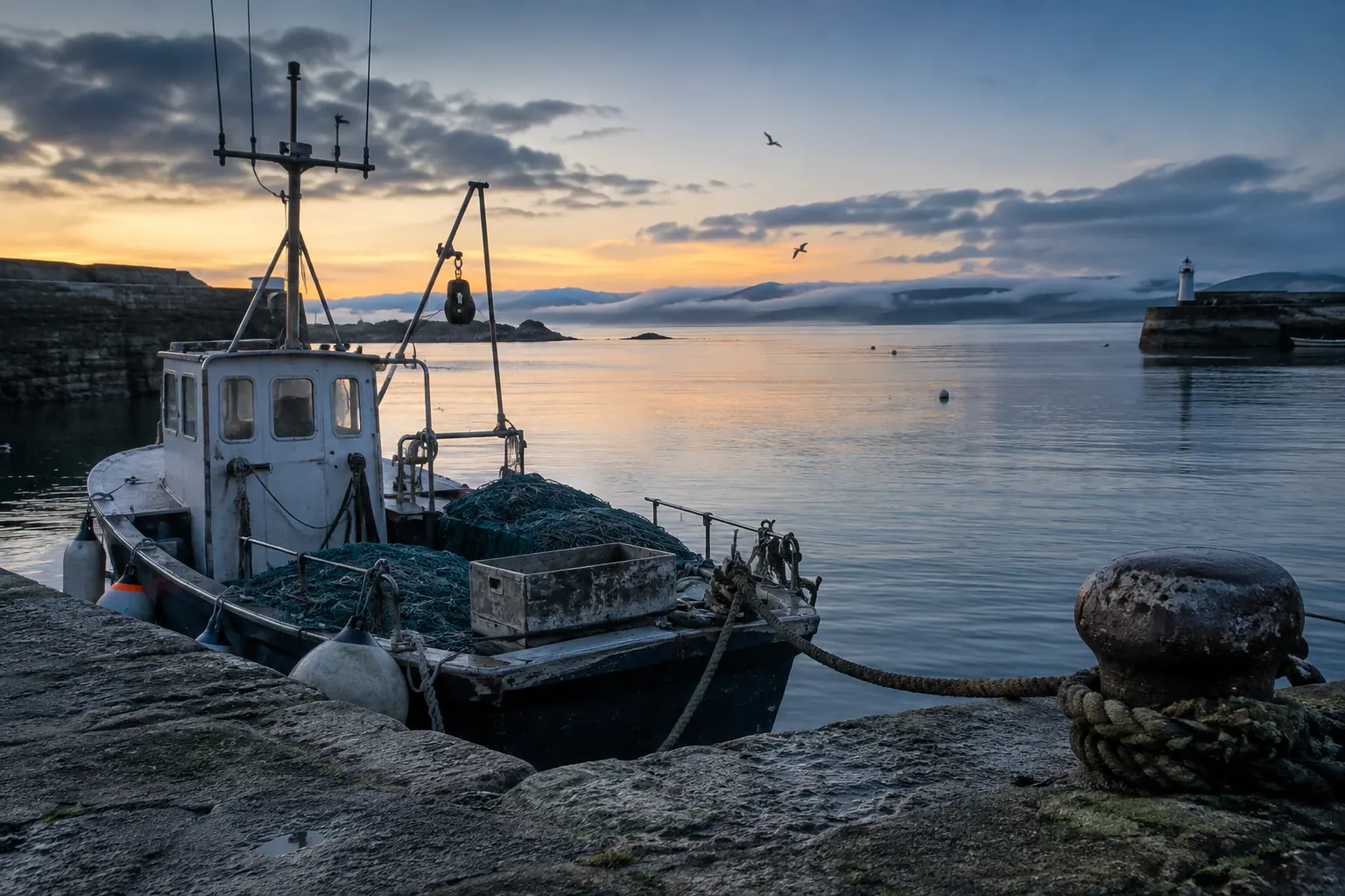 Empty small fishing boat in a fictional bluefin tuna commercial fishery 2026 harbour editorial image