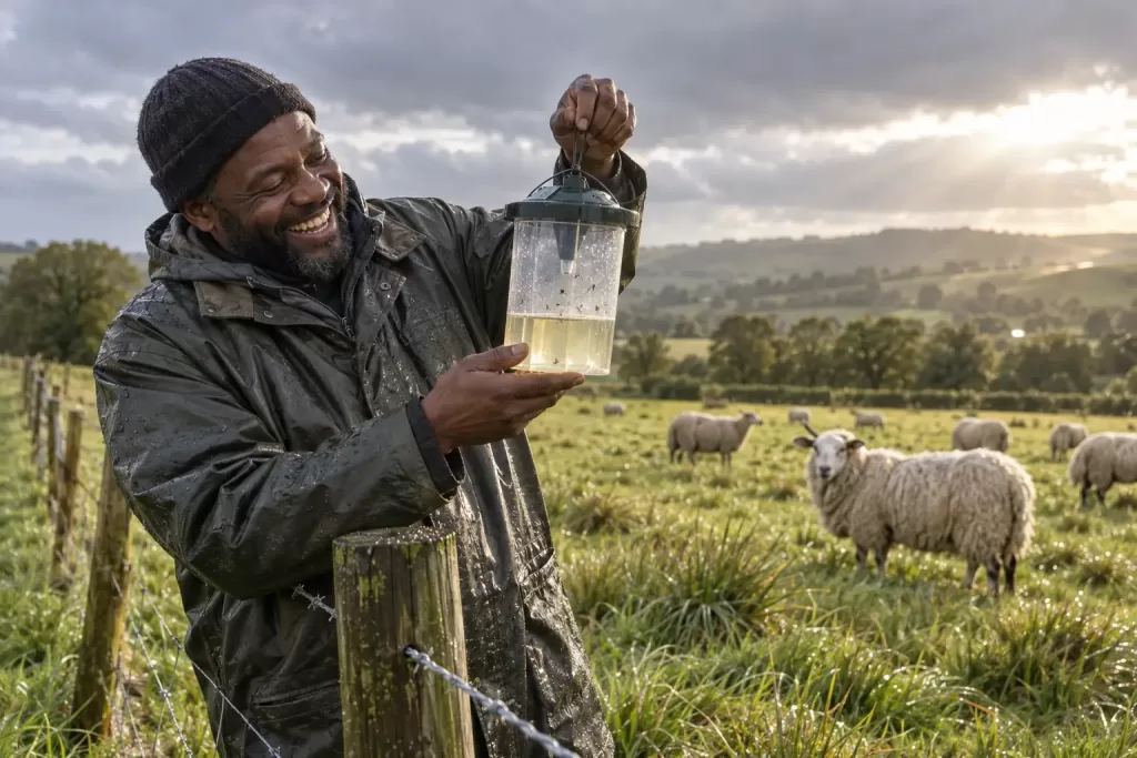 Original editorial photograph of one laughing Black livestock farmer holding a plain transparent insect-monitoring trap in a rain-fresh sheep pasture, with no logos or text