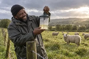 Original editorial photograph of one laughing Black livestock farmer holding a plain transparent insect-monitoring trap in a rain-fresh sheep pasture, with no logos or text