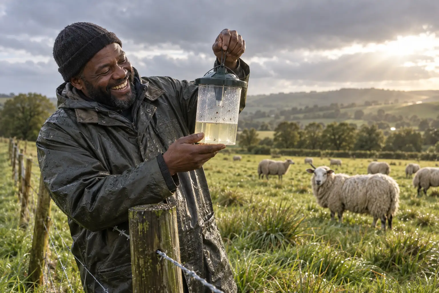 Original editorial photograph of one laughing Black livestock farmer holding a plain transparent insect-monitoring trap in a rain-fresh sheep pasture, with no logos or text