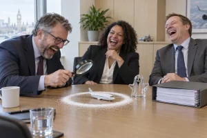 Three fictional regulators laugh around a toy aircraft inside a circle of salt beside a glass ghost and a thick merger file.