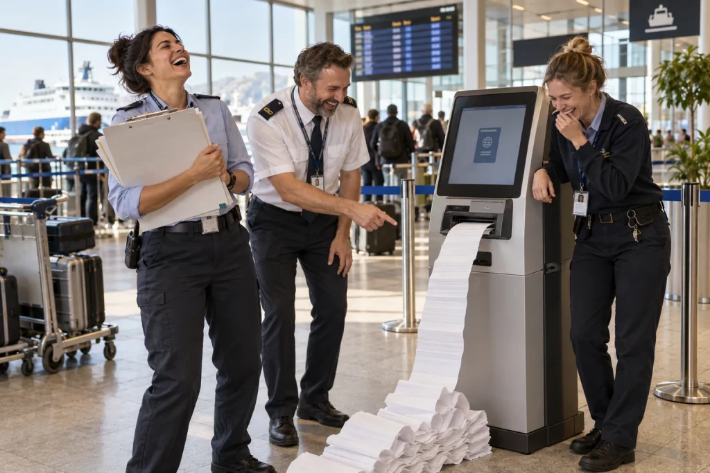 Three fictional adult border programme workers visibly laughing beside a self service immigration kiosk as a printer produces a long queue of blank forms in a ferry terminal.