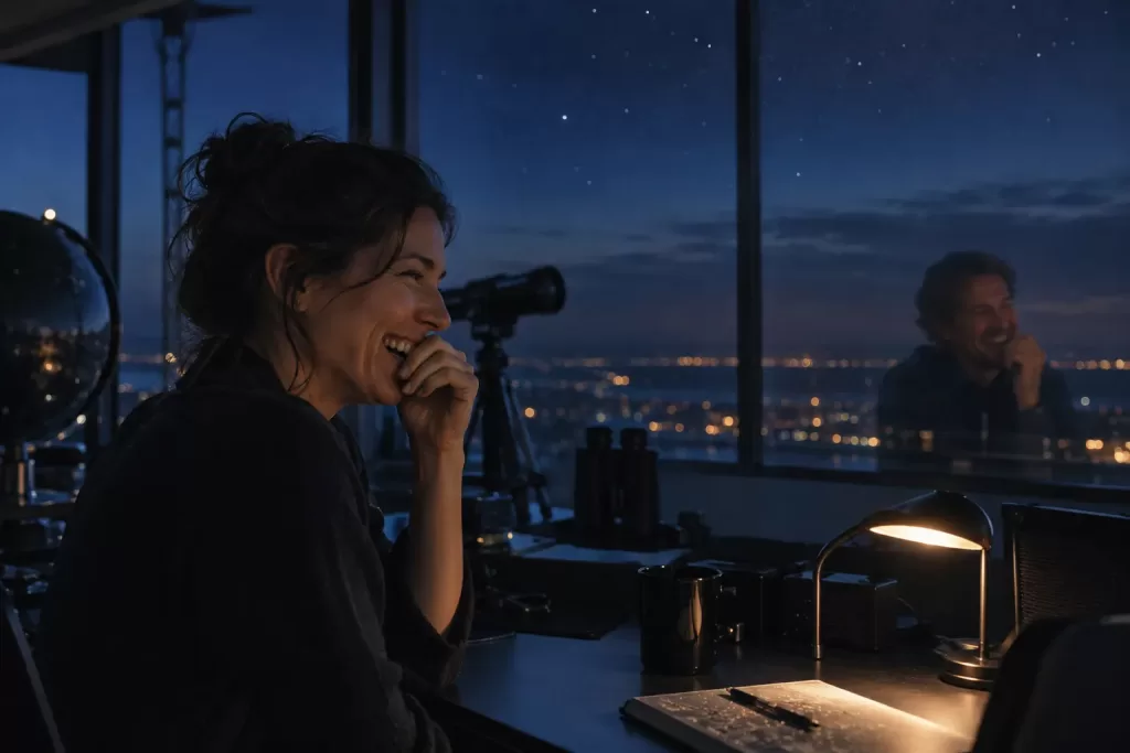 Two laughing space operations analysts at fictional Borealis space awareness system 2026 observatory
