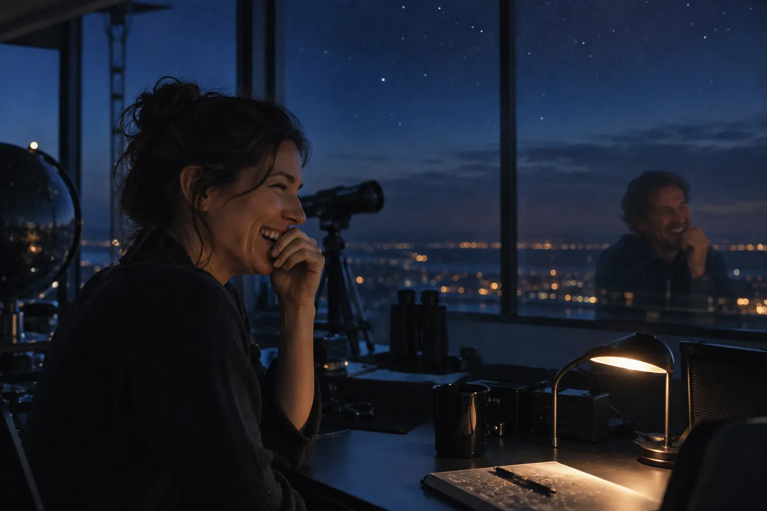 Two laughing space operations analysts at fictional Borealis space awareness system 2026 observatory