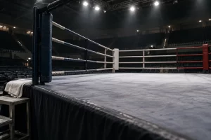 An empty boxing ring with a folded white towel rests beneath arena lights after a hard fought contest.