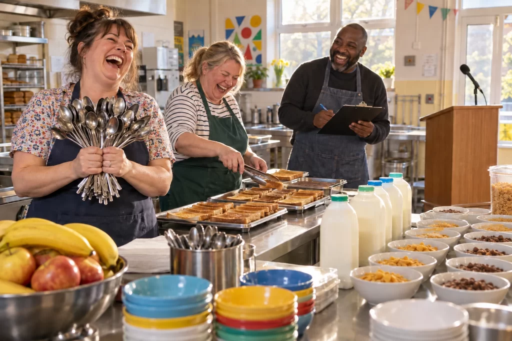 Three laughing breakfast club workers prepare toast and cereal, with a bouquet of teaspoons beside an unused lectern.