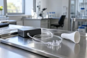 A clear airflow sensor and tubing rest on a steel tray in a quiet respiratory research laboratory.