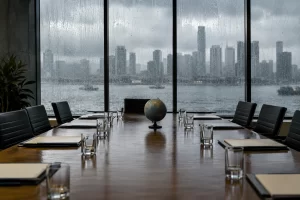 An empty conference table with water glasses, blank folders and a small globe faces rain soaked waterfront windows.