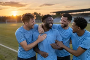 Four adult footballers in plain sky blue shirts share a natural laugh on an empty pitch at sunset.