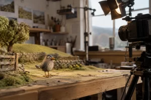 A handmade clay bird puppet stands on a miniature countryside set in a practical stop motion studio.