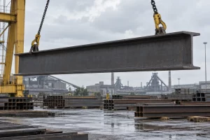 A large dark steel girder is lifted by crane chains above wet ground in an industrial steelworks yard.