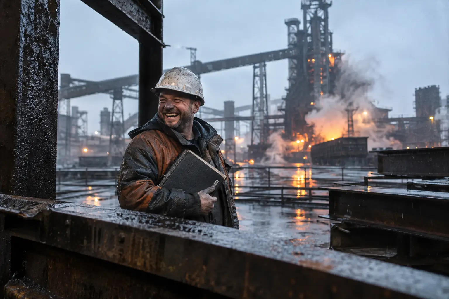Original editorial photograph of a laughing steelworker in a hard hat beside a ledger for British Steel public ownership