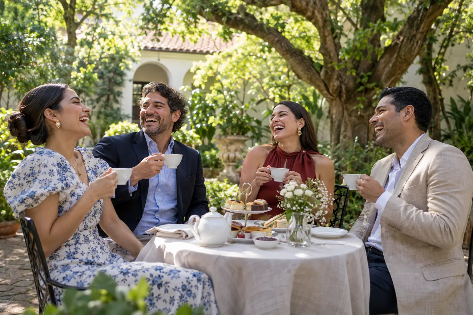 Original editorial photograph of four laughing Paraguayan adults holding plain teacups at a sunny courtyard table, with no other people