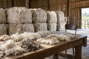 Raw wool bales and fleece samples are arranged on a wooden grading table in a quiet rural sorting barn.
