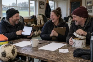 Three fictional adult sports volunteers, all clearly laughing, gather around a pavilion table beside a biscuit tin, clipboard, tablet and sports equipment.