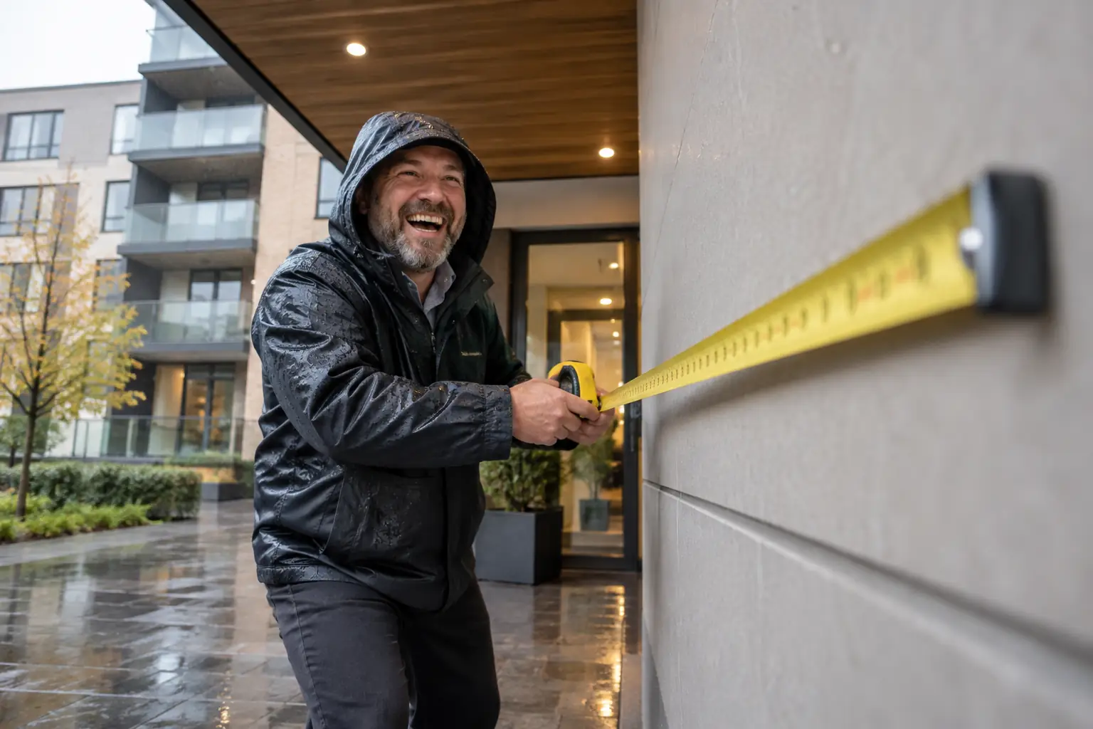 Original editorial photograph of a laughing building inspector using a tape measure on a blank wall panel in rain for building safety remediation data