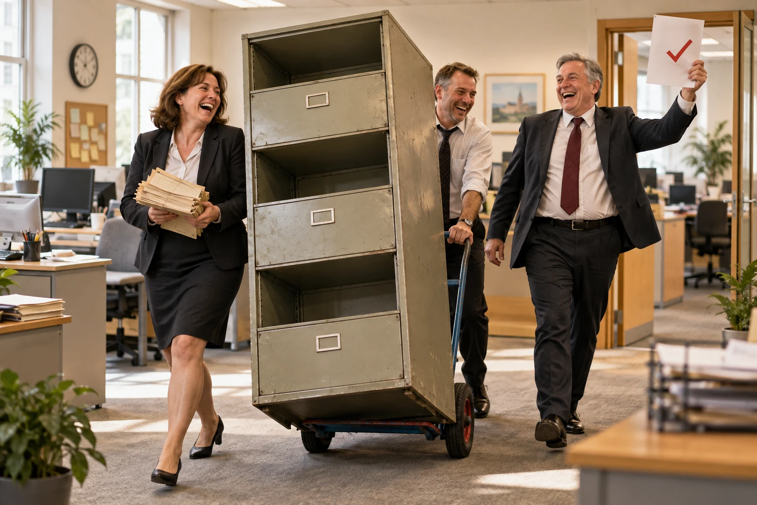 Three fictional business administrators laugh while wheeling an empty filing cabinet out of a bright office with obsolete forms and a red tick certificate.