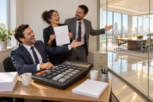 Three fictional business advisers laugh around an oversized calculator beside a blank loan application.