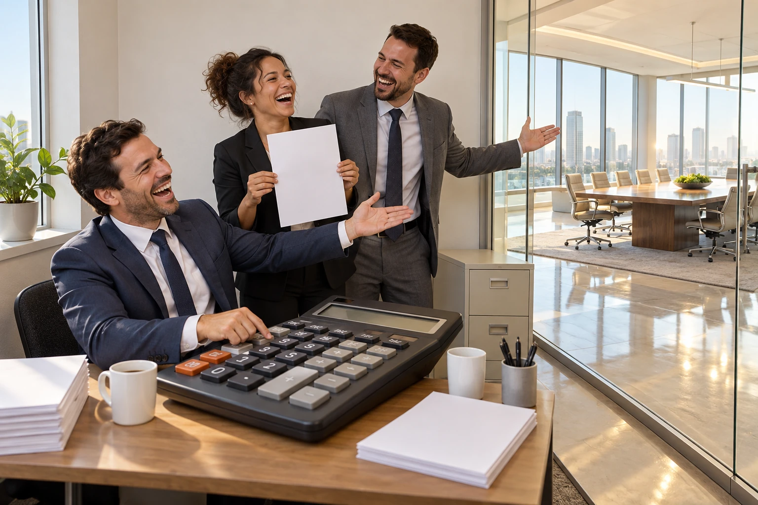Three fictional business advisers laugh around an oversized calculator beside a blank loan application.