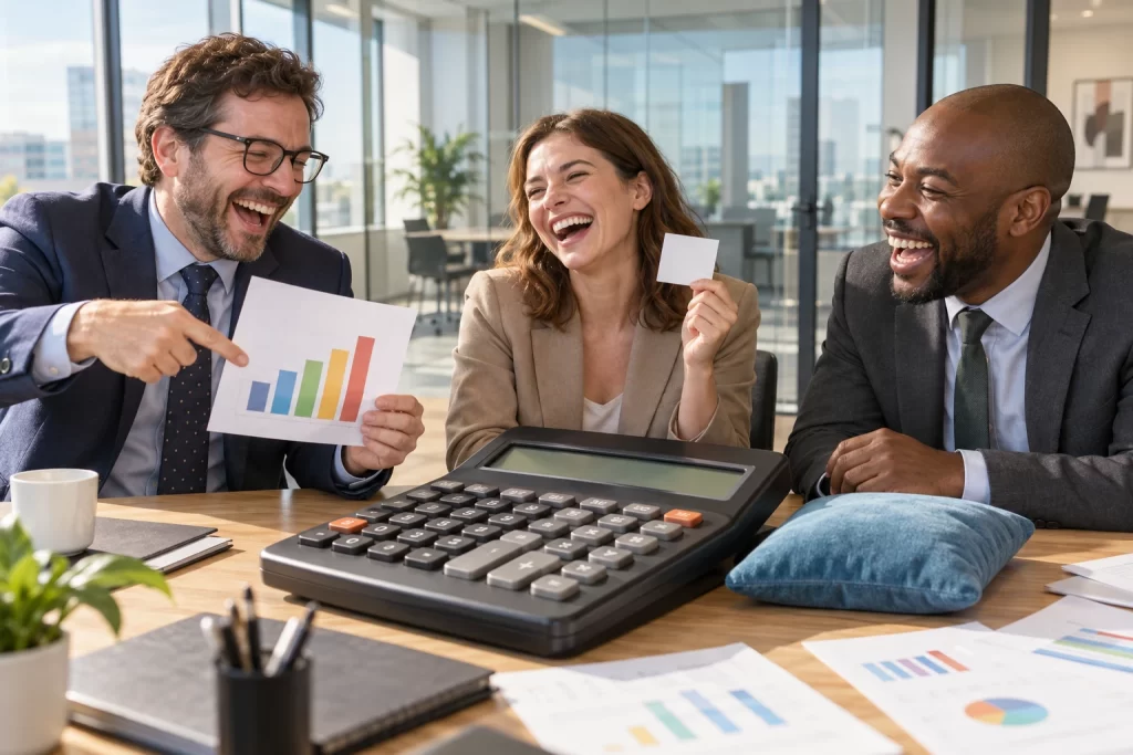 Three laughing fictional financial analysts sit around an enormous calculator with a chart, blank privacy notice and cushion in a modern office.