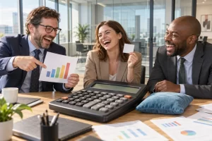 Three laughing fictional financial analysts sit around an enormous calculator with a chart, blank privacy notice and cushion in a modern office.