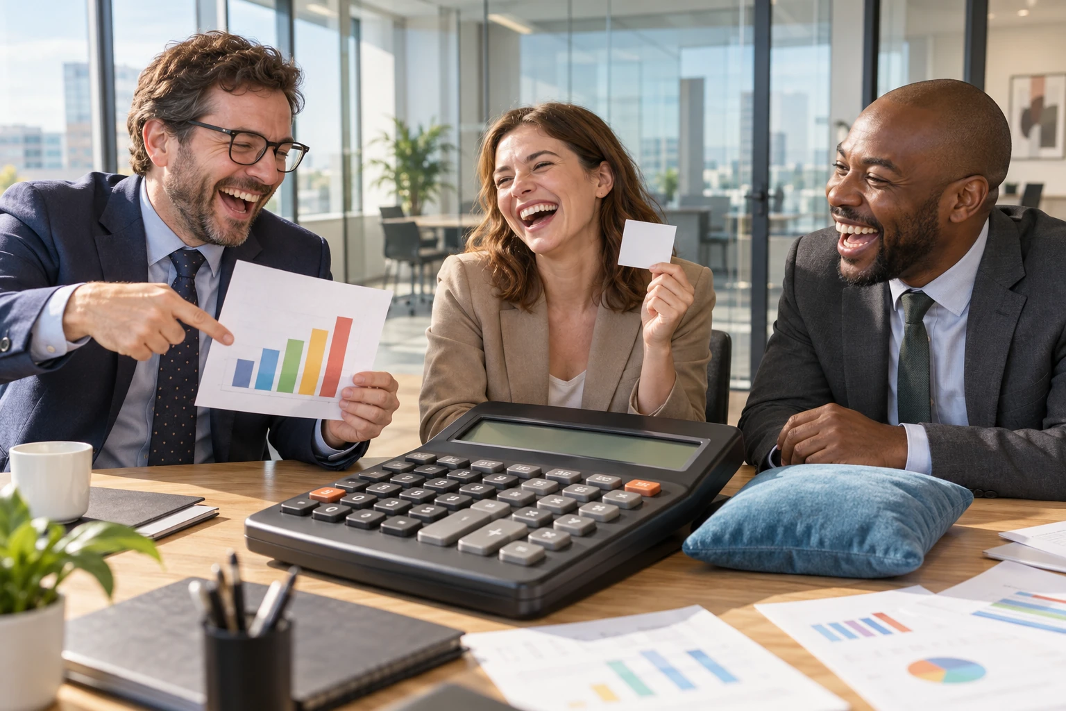 Three laughing fictional financial analysts sit around an enormous calculator with a chart, blank privacy notice and cushion in a modern office.