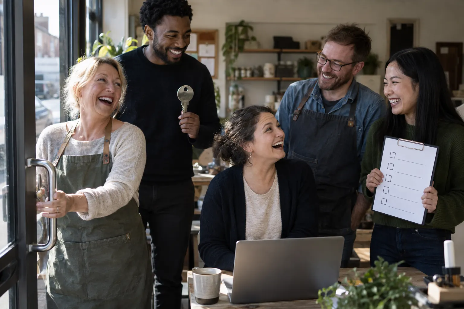 Five laughing adult small-business colleagues secure a shop office door and laptop.