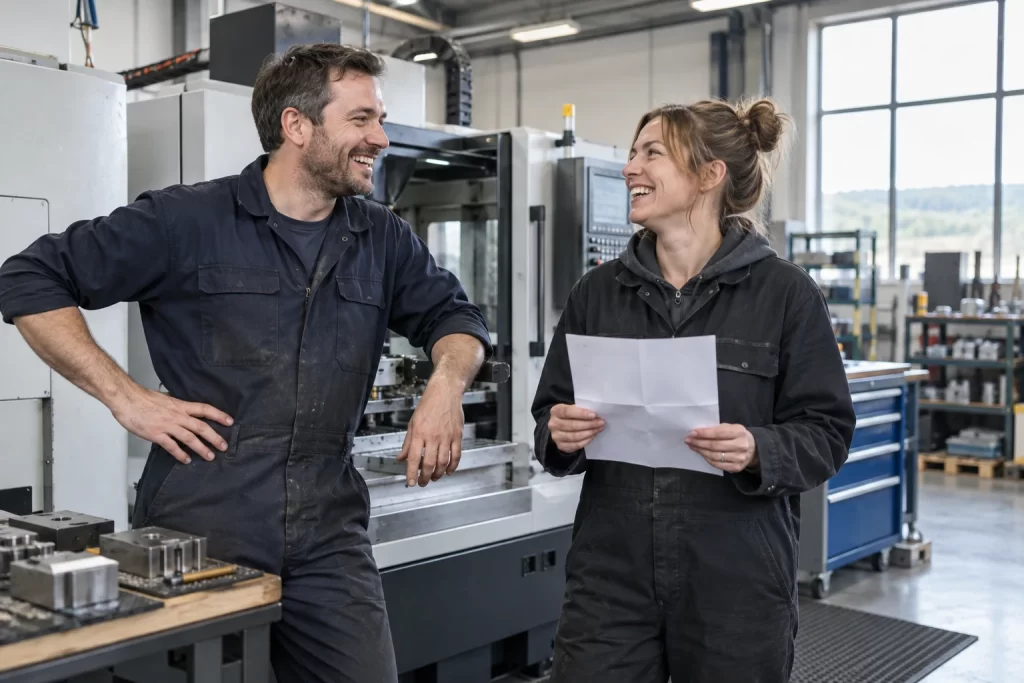 Two factory owners laugh beside new industrial equipment in a bright workshop.