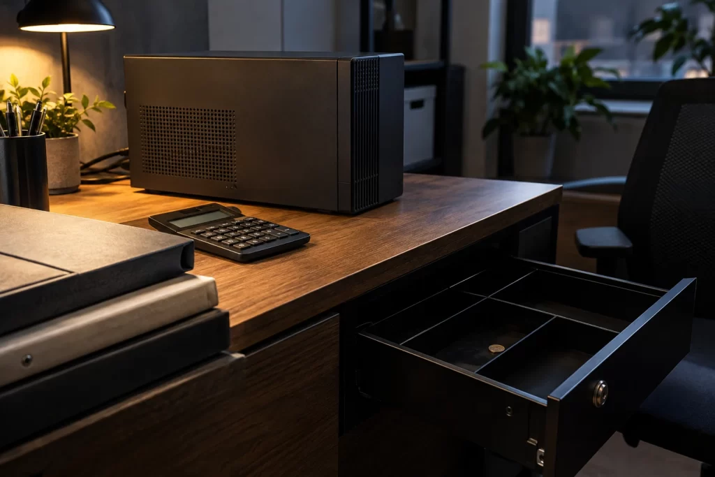 An unbranded computing unit, calculator and blank folders sit on an office desk beside an almost empty cash drawer.