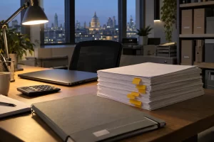A statistics office desk has a closed laptop, calculator, correction folder and a stack of papers marked with amber tabs.