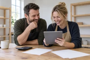 Two small business owners laugh together at a tablet beside a calculator and blank survey papers.