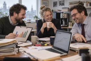 Three fictional adult business analysts visibly laugh around an office table while examining an abstract line chart and anonymous reports.