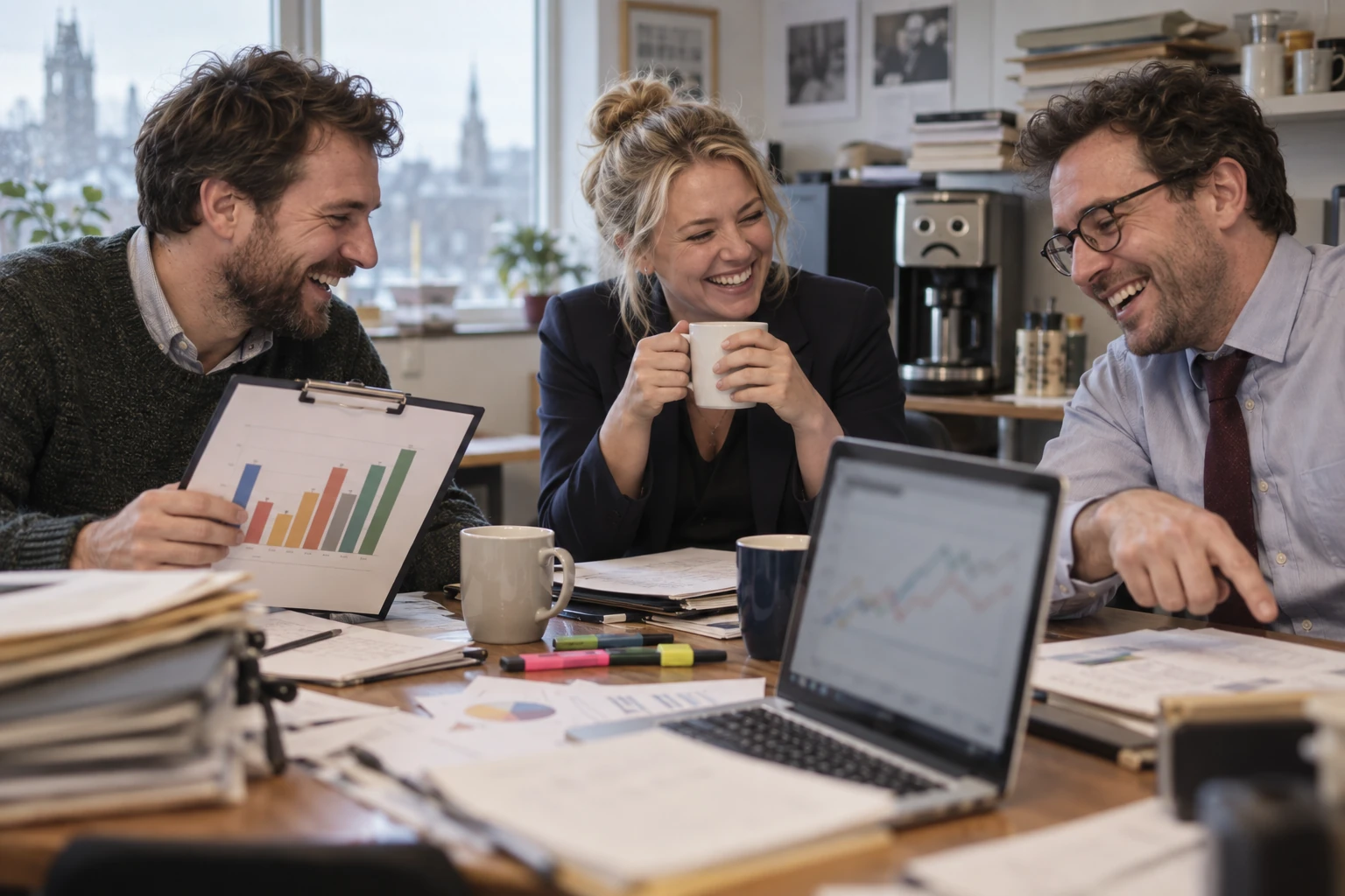 Three fictional adult business analysts visibly laugh around an office table while examining an abstract line chart and anonymous reports.