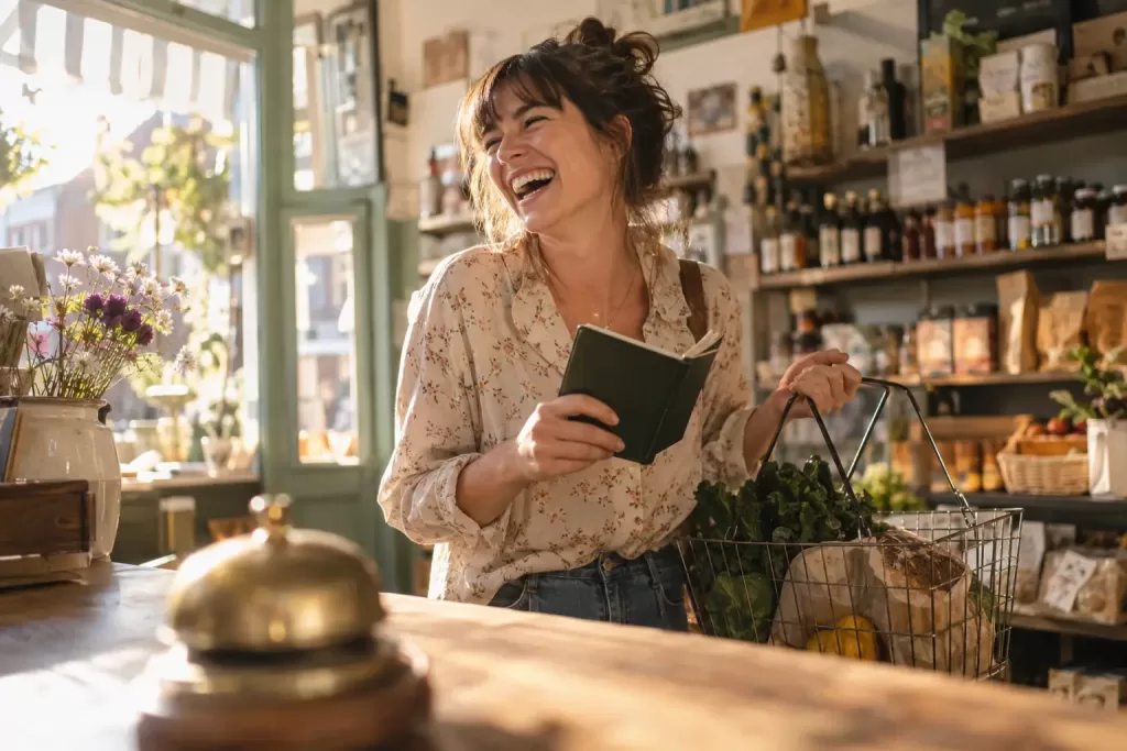 Original editorial photograph of a laughing shopper with a shopping basket and ledger for Buy Now Pay Later rules