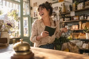 Original editorial photograph of a laughing shopper with a shopping basket and ledger for Buy Now Pay Later rules