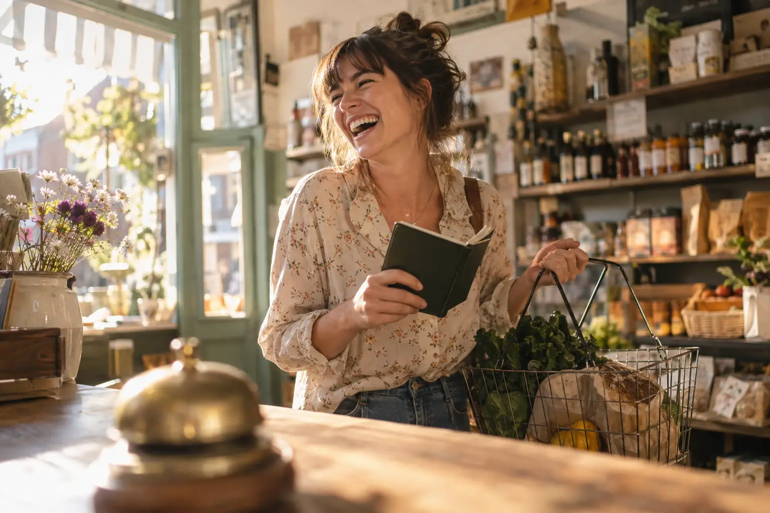 Original editorial photograph of a laughing shopper with a shopping basket and ledger for Buy Now Pay Later rules