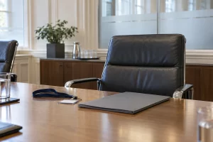 An empty leather boardroom chair, blank navy lanyard and grey folder sit around an oak meeting table.