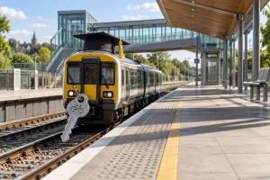 Original editorial photograph of a train wearing a graduation cap for Cambridge South station opens 2026