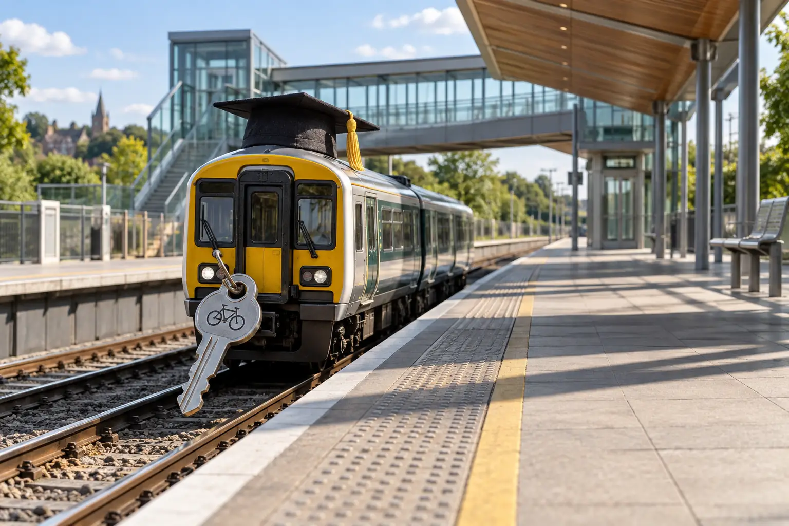 Original editorial photograph of a train wearing a graduation cap for Cambridge South station opens 2026
