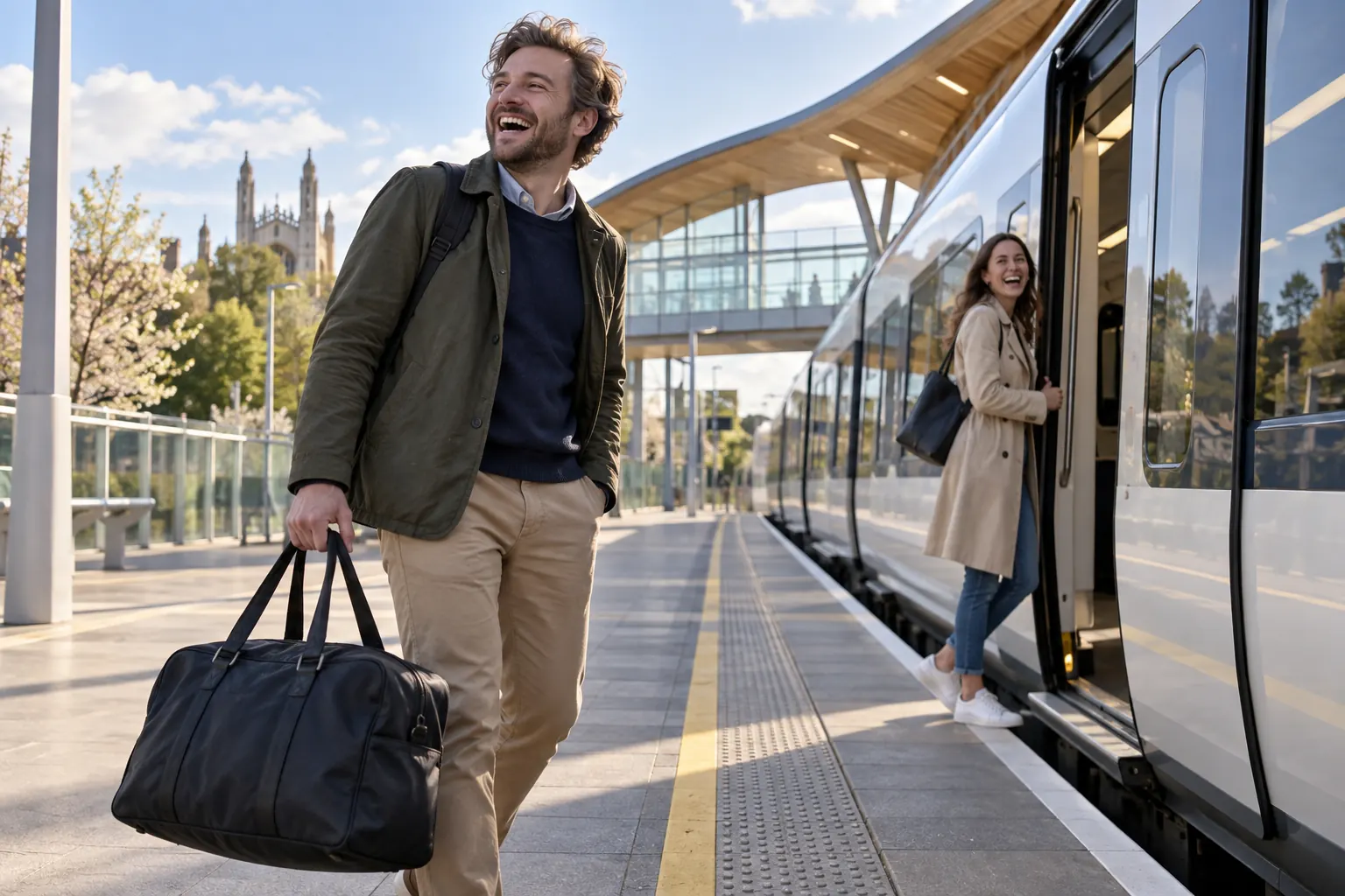 Two laughing passengers at fictional Cambridge South station opening June 2026 platform