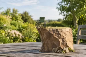 Original editorial photograph of a folding chair beside a paper cliff for Carers Allowance call for evidence 2026