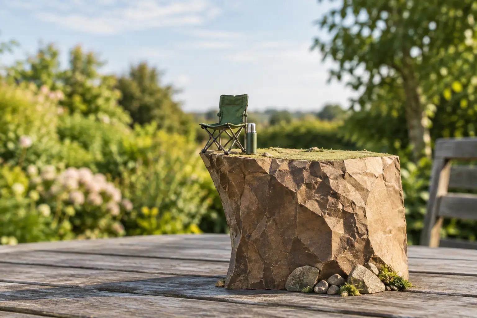 Original editorial photograph of a folding chair beside a paper cliff for Carers Allowance call for evidence 2026