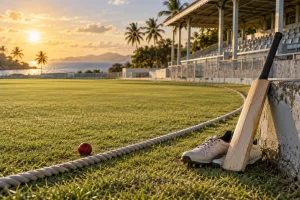 A cricket bat and boots rest beside a red ball just beyond the boundary rope of an empty Caribbean cricket ground.