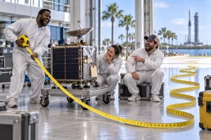 Three laughing fictional spacecraft technicians stand beside a small satellite on a trolley with an absurdly long measuring tape and a blank luggage tag.