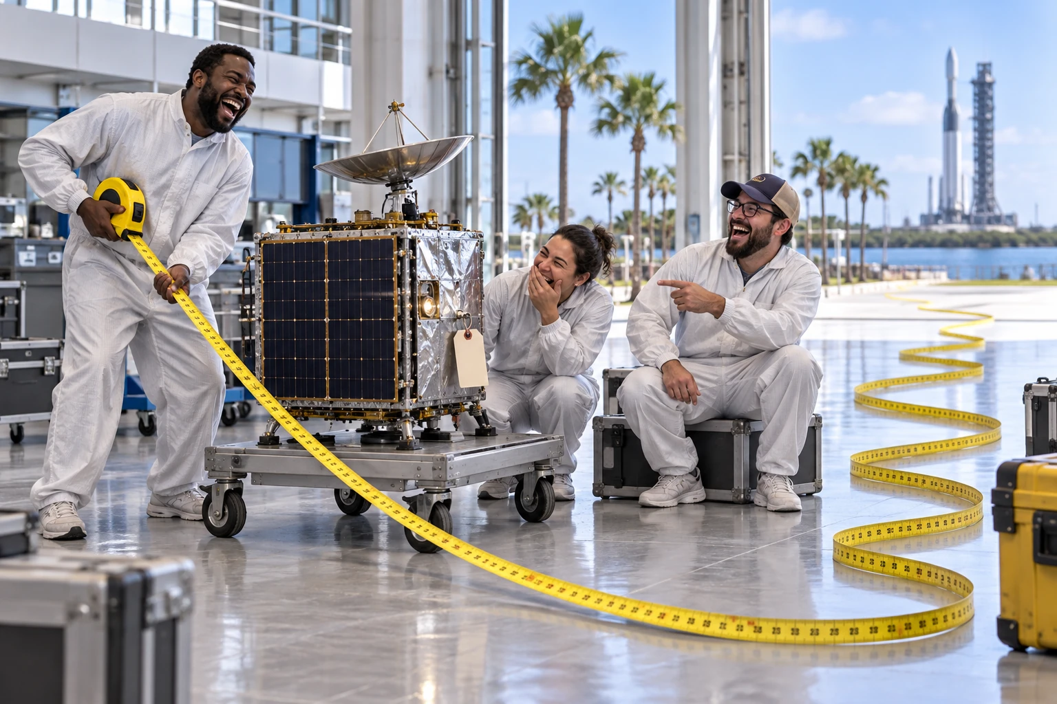 Three laughing fictional spacecraft technicians stand beside a small satellite on a trolley with an absurdly long measuring tape and a blank luggage tag.